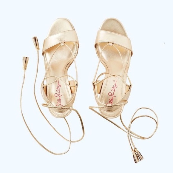 Lilly Pulitzer Aria Cork Wedge Heel Gold Leather Pump Sandal Lace Up Dress Shoes - Picture 11 of 12